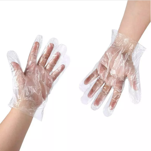 Nelékájící transparentní jednokolorová biologicky rozložitelná vodotěsná PE rukavice